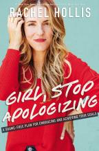 Cover of the book, Girl, stop apologising which features a lady sittanding with her one hand in her heairt 